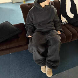 摇粒绒裤子男冬季新款加绒加厚保暖宽松束脚裤直筒显瘦拖地长裤子