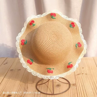 儿童樱桃草帽新款女童帽子夏天凉帽防晒帽女旅游景区沙滩帽太阳帽