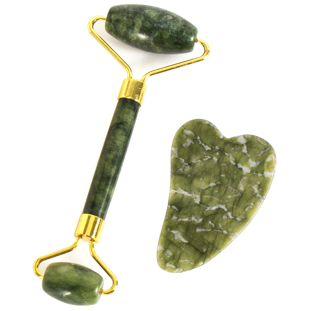 Juego de tres piezas de rodillo de jade natural y tabla de gua sha, dispositivo de belleza para masaje facial, lámina de gua sha facial, fabricante de rodillos de jade