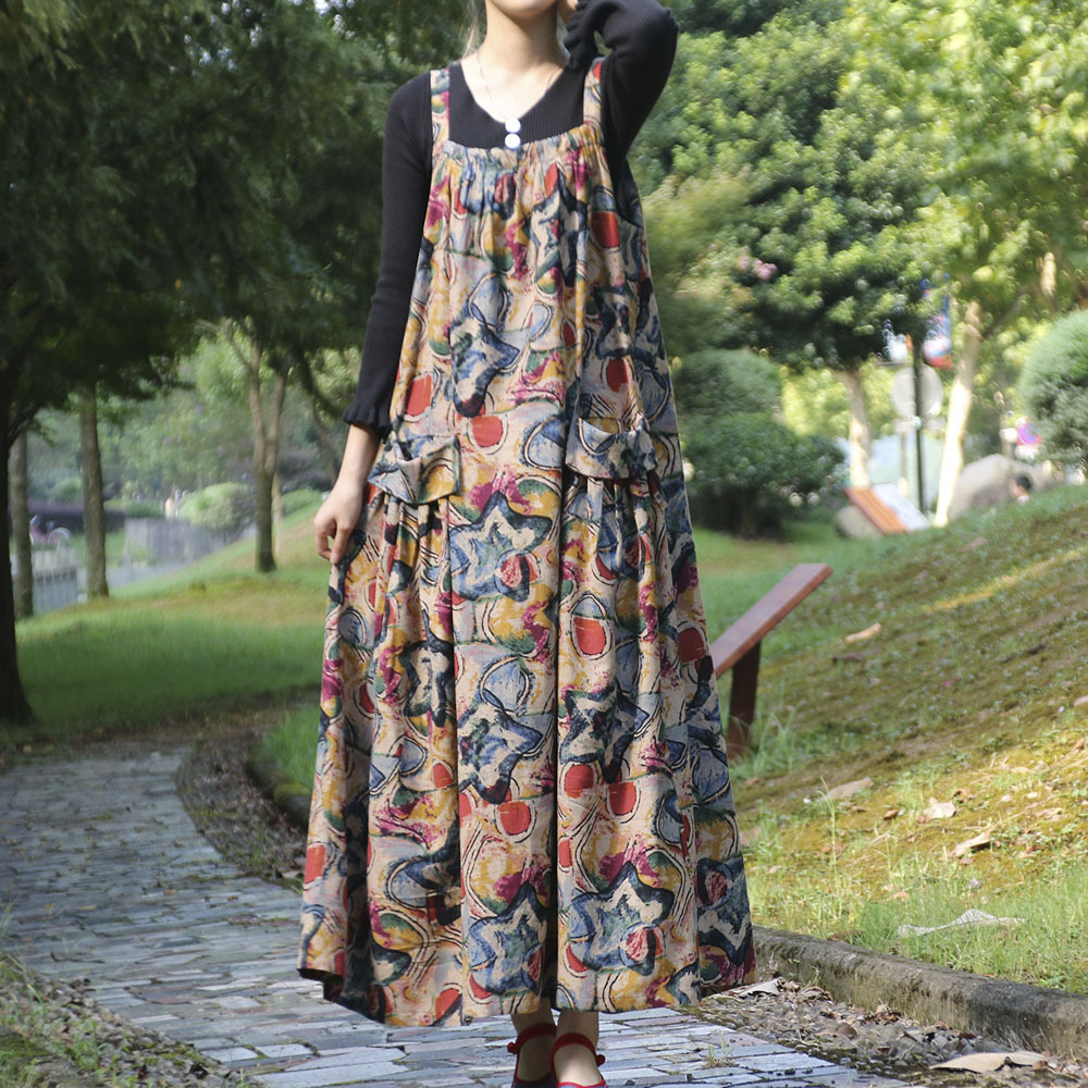 实拍2025春秋女装民族风 印花棉麻背带连衣裙宽松大摆长裙 大口袋