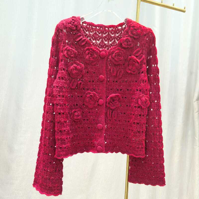 2025 New Style Rose Three-Dimensional Crochet Hollow-Out Knitted Cardigan for Women, Autumn and Winter Stylish Sweater Coat, Solid Color Top 2025 New Style Rose Three-Dimensional Crochet Hollow-Out Knitted Cardigan for Women, Autumn and Winter Stylish Sweater Coat, Solid Color Top