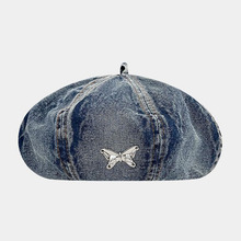 2024新款水洗蝴蝶牛仔贝雷帽女春秋出游薄款街头百搭小众画家帽子