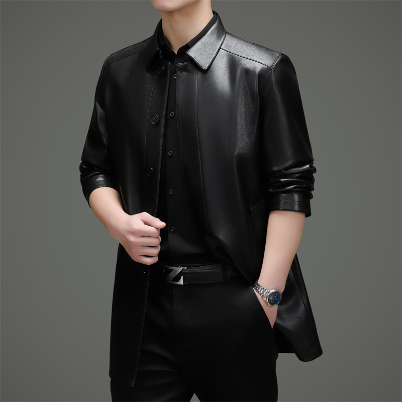 One-piece dropshipping of middle-aged men's leather jackets from Haining, business casual style, mid-length lapel men's coats, father's clothing.