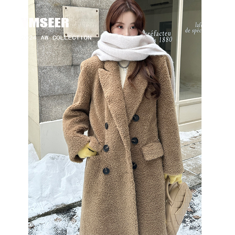 카멜 옷깃 세트 칼라 더블 브레스트 모피 양고기 코트 여성의 겨울 한국식 따뜻한 무릎 롱 코트