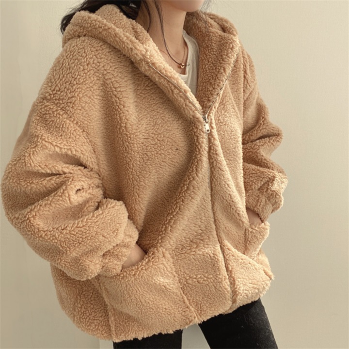 2021 New Korean Style Mid-Length Thick Hooded Coat with Faux Lambswool and Zipper, Women's Winter Warmth