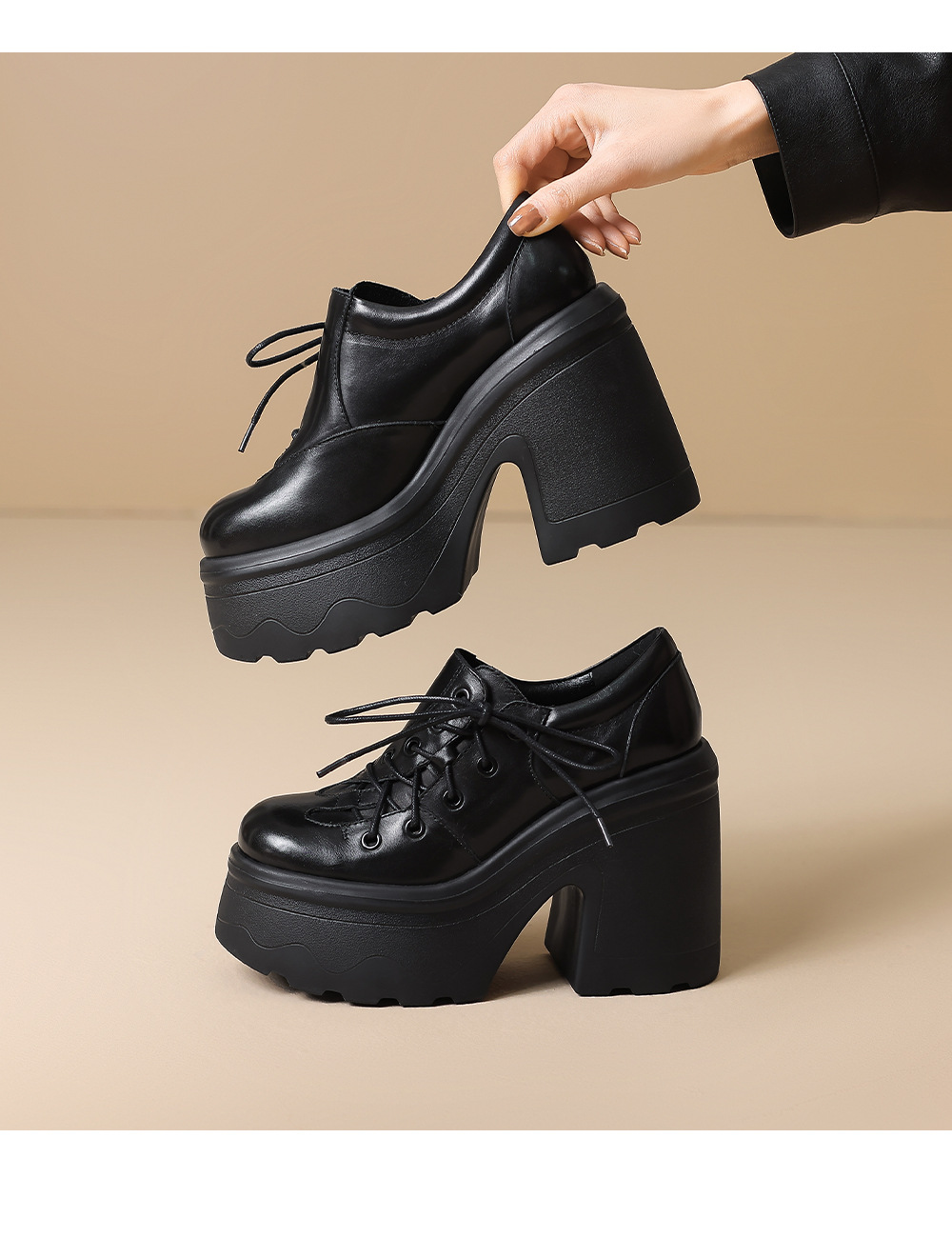 Giày cao gót nữ da thật phong cách Anh quốc cổ điển gót vuông 12 cm đế platform — màu nâu chi tiết 15