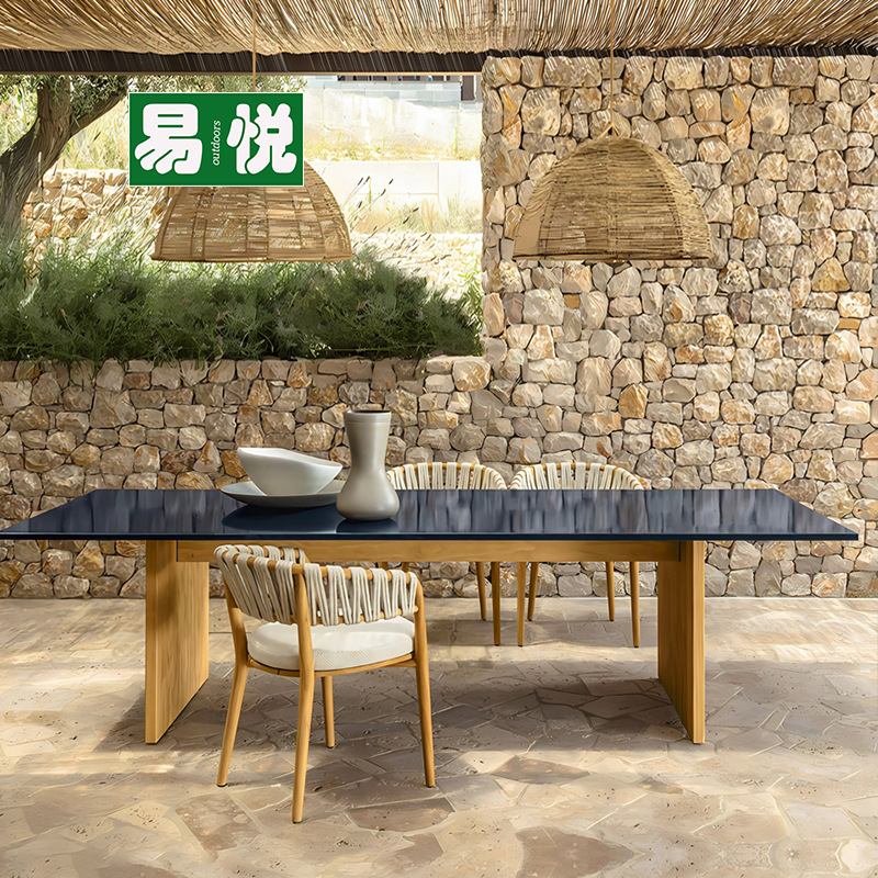 Mesas y sillas de comedor de madera maciza al aire libre, protección contra la lluvia y protección solar, hotel, restaurante al aire libre, tejido de ratán, teca, una mesa, seis sillas, patio