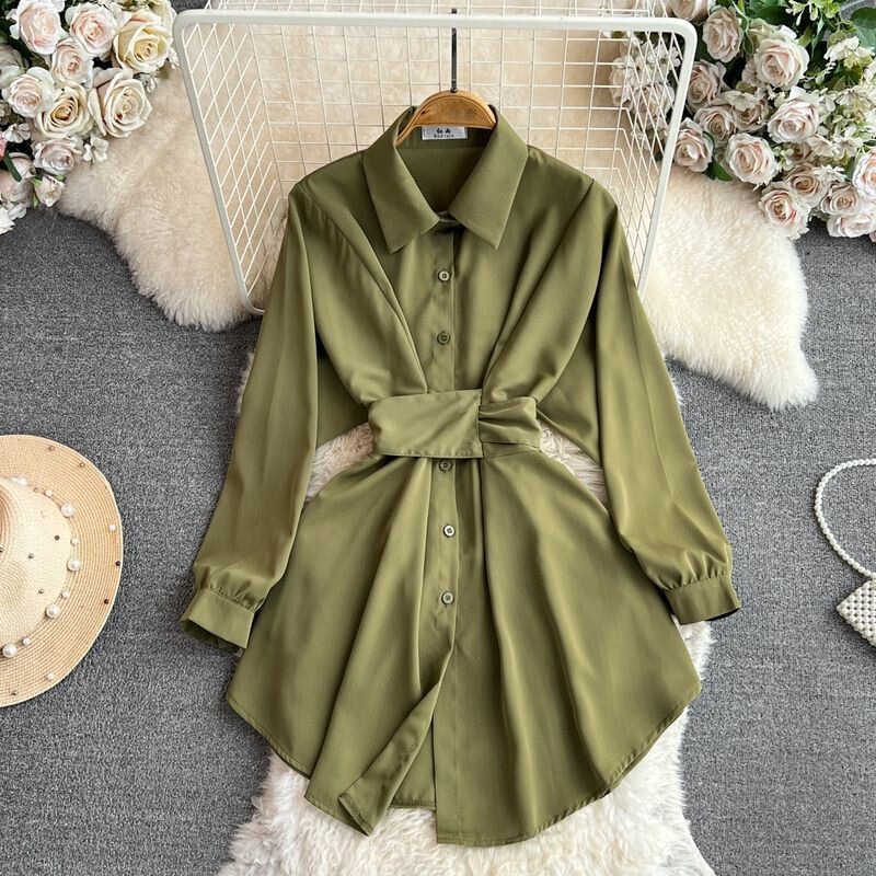 Spring and Autumn Korean Style Elegant Long-Sleeve Collared Waist-Cinching Slim-Fit Single-Breasted Shirt Dress for Women