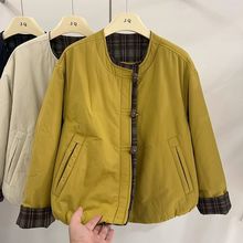 韩版撞色格子圆领轻薄棉服外套女2025冬季新款宽松小个子棉衣上衣