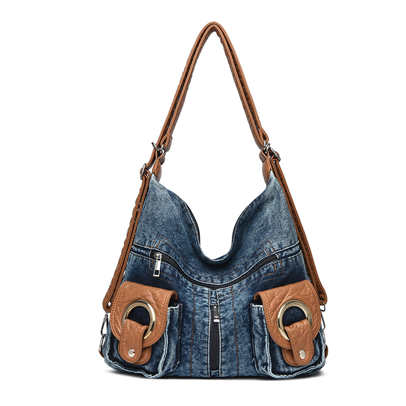 Cross-Border Women's Denim Backpack Original Niche Casual Motorcycle Commuter Bag Crossbody Canvas Bag Design - Thumbnail 7