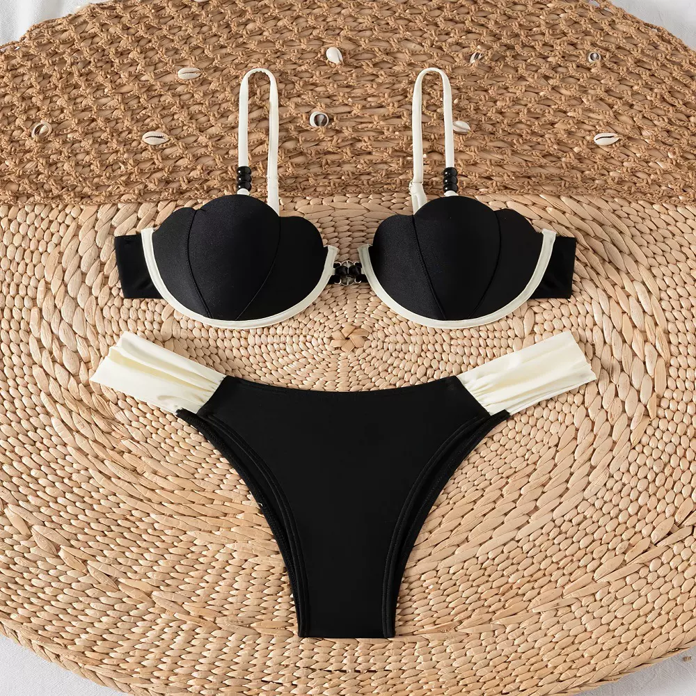 亿泳2026欧美新款硬包钢托串珠撞色时尚优雅女士分体比基尼套装
