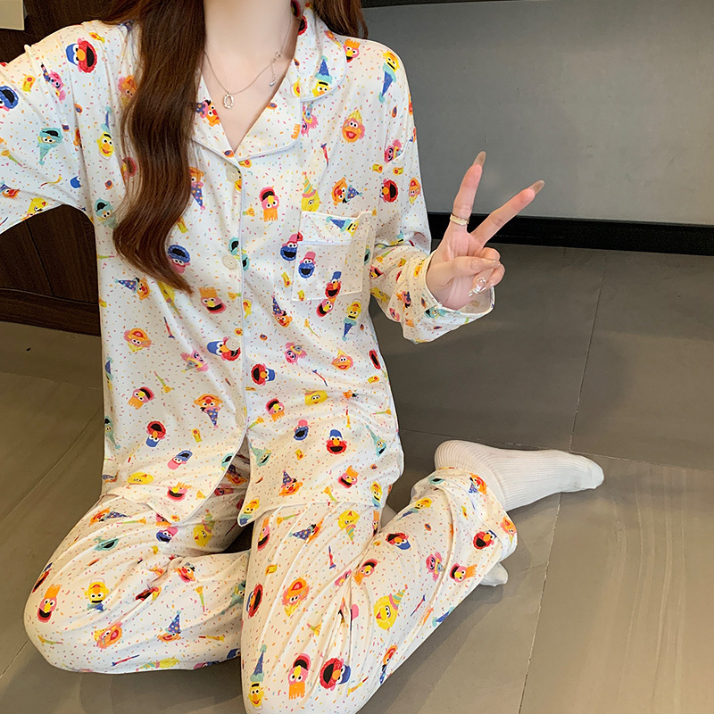 Korean-Style Trendy Ins-Style New Women's Pajamas for Spring and Autumn, Long-Sleeve and Long-Pants Design, Sesame Street Loungewear, Real Photos