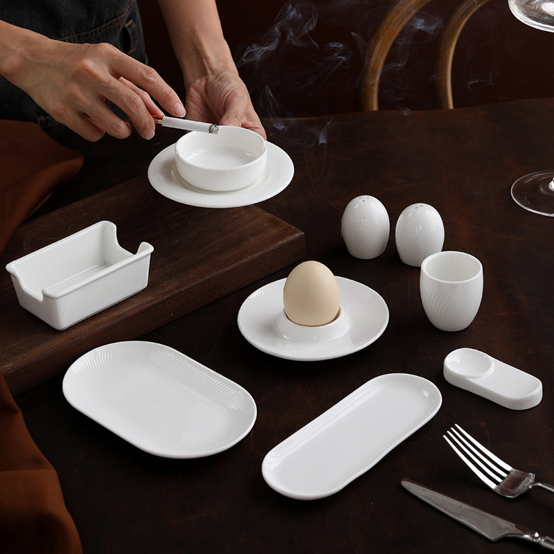 European-style INS minimalist relief ceramic plate, square sugar bowl, household toothpick holder, kitchen seasoning jar, tableware set