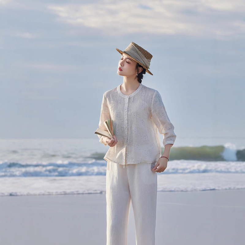 Five-point Sleeve Small Round Neck Printed Single-breasted Full Ramie Comfortable Breathable Shirt 25 Years New Artistic Top