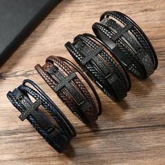 クロスボーダー新製品ヨーロッパとアメリカのレトロなスタイルのさまざまな既製クロス亜鉛合金磁気バックル多層メンズレザーブレスレット