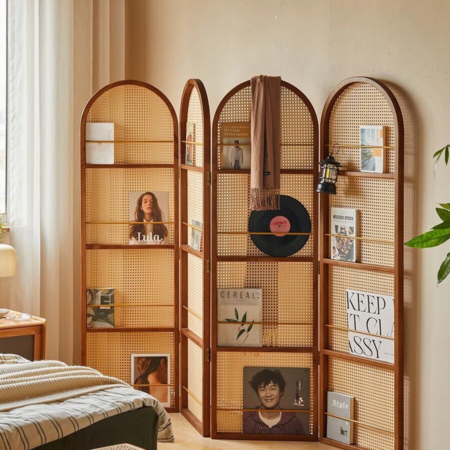 Medieval Screen Partition Living Room Bedroom Home Solid Wood Mobile Storage Shelf French Japanese Retro Folding Bookshelf