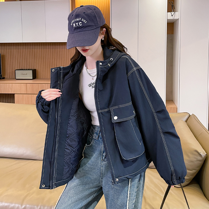 Real Shot of 2025 New Winter Trendy Silhouette Jacket Slimming Top-Stitched Jacket Women's Versatile Hooded Casual Cotton Coat Real Shot of 2025 New Winter Trendy Silhouette Jacket Slimming Top-Stitched Jacket Women's Versatile Hooded Casual Cotton Coat