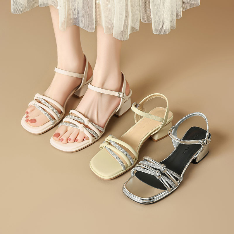 Zhr Silver Chunky Heel Sandals, Commuter Fashion Sandals, New Summer Style One-Strap High Heel Sandals, Ins Rhinestone Sandals