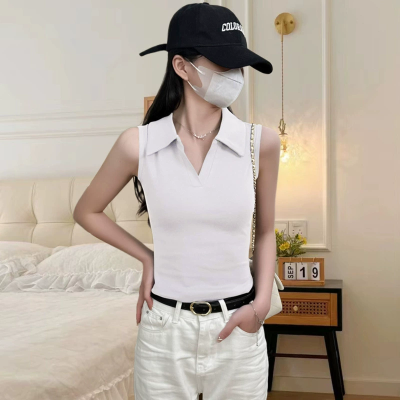 Черный жилет без рукавов с воротником-поло для женщин, лето 2025, новый стиль с нишевым дизайном, короткий топ для похудения