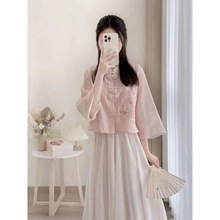 新中式民国风粉色倒大袖改良版旗袍女夏年轻款少女日常可穿连衣僔