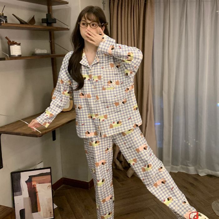 日系卡通睡衣女春秋季新款棉绸波点腊肠狗长袖大码网红家居服套装|undefined