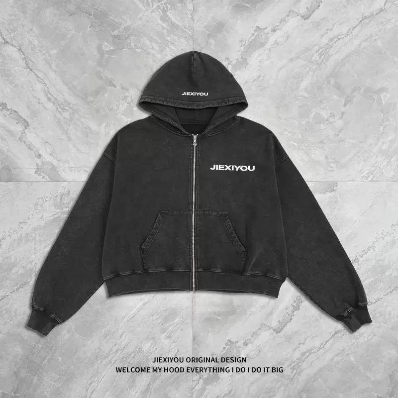 RDJ定制短款拉链卫衣帽衫暗黑系小众连帽卫衣设计款刺绣简约字母