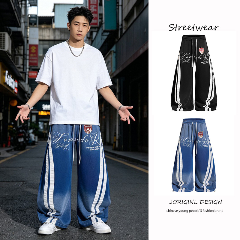 Gradient Stripe Patchwork Badge Letter Print Wide-Leg Pants for Men, Summer Campus Style New Loose Casual Pants for Women Gradient Stripe Patchwork Badge Letter Print Wide-Leg Pants for Men, Summer Campus Style New Loose Casual Pants for Women