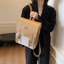 复古英伦风通勤双肩包包女2024新款小众设计高级感帆布拼接双肩包