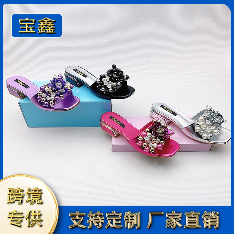 Cross-Border 2025 Summer Women's Sandals, Fashionable Party Sexy Beaded Large Size High Slippers, European and American Style High Heels