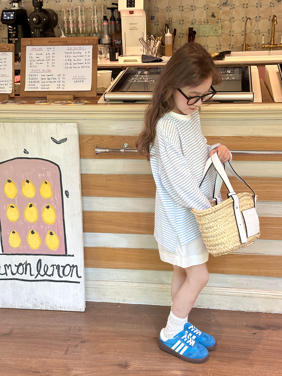 Aimo Beibei Medium and Large Girls Summer Lightweight Long-Sleeved T-Shirt Trendy Kidsren's Korean Style Loose Stripesd Sun Protection Clothing