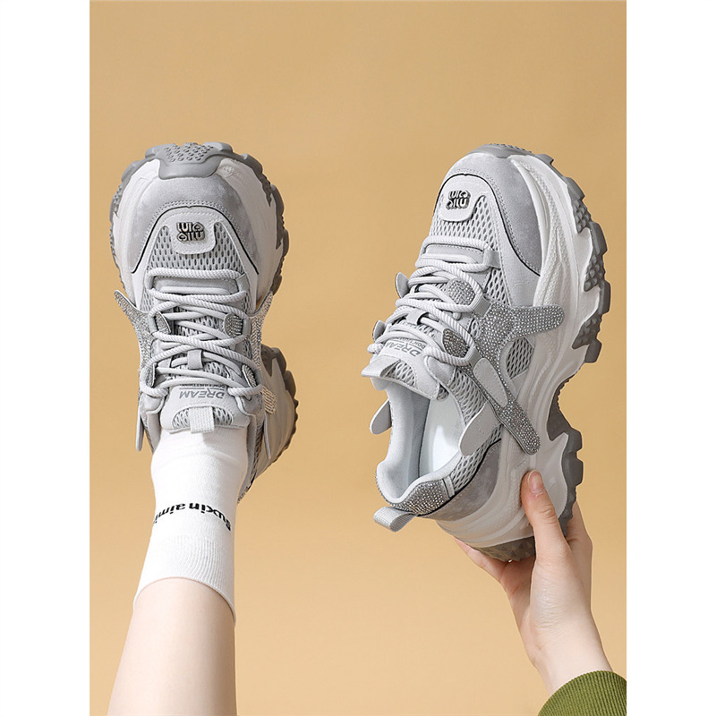 Rhinestone Dad Shoes for Women 2026 Thick-Soled Casual Style Low-Top Lace-Up Breathable Casual Shoes Sneakers for Women