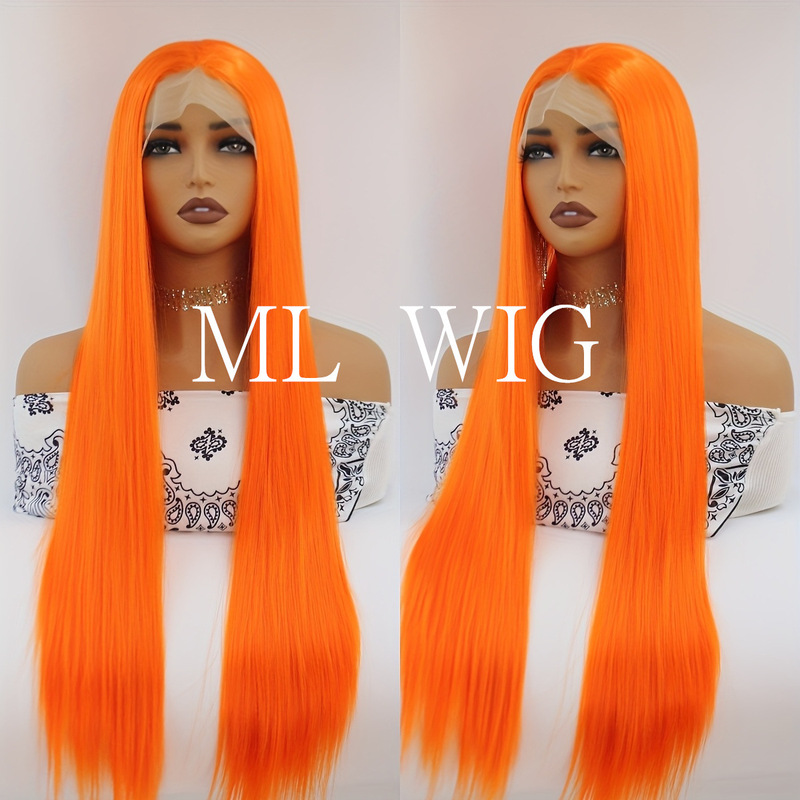 Cross-Border Export Chemical Fiber High-Temperature Silk 13*4 Orange Lace Wig with Pre-Plucked Hairline, Long Straight Hair Suitable for Daily Wear