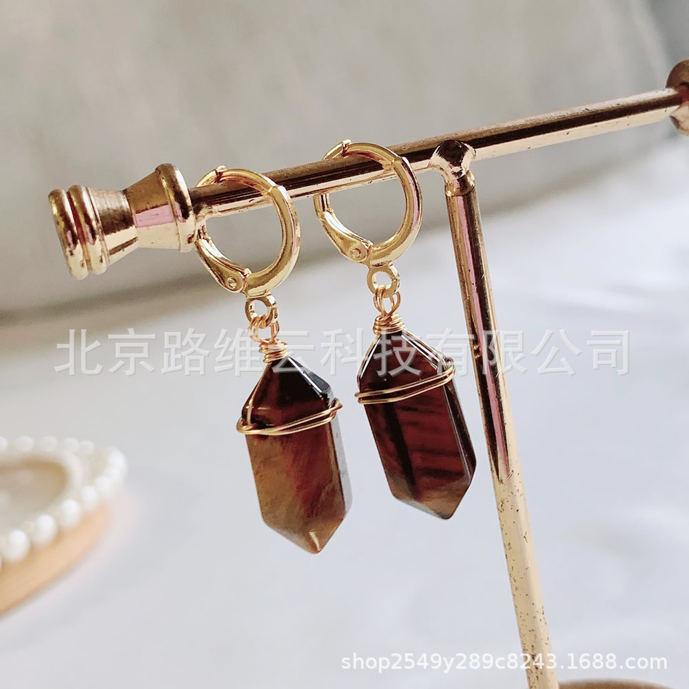 Pendientes de cristal natural de estilo explosivo transfronterizo, bala de doble punta, pequeña columna hexagonal, aretes de amatista de ágata roja, mujer