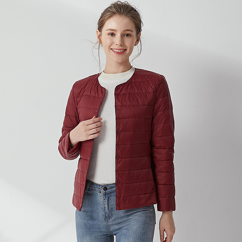 Nuevo chaqueta de plumón ligera para mujeres de invierno y otoño, chaqueta de cuello redondo de cuello en V, doble chaqueta corta grande y delgada