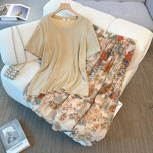 65-175kg Plus Size Women's Fashion Summer New Fashion Ruched T-Shirt High Waist A-Line Floral Skirt Two-Piece Set