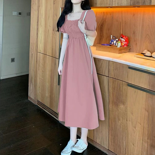 Ins Gentle Clavicle Bubble Stitch Dress Women Summer French Style Medium Long Waist-Tightening Elegant Slimming Dress Women