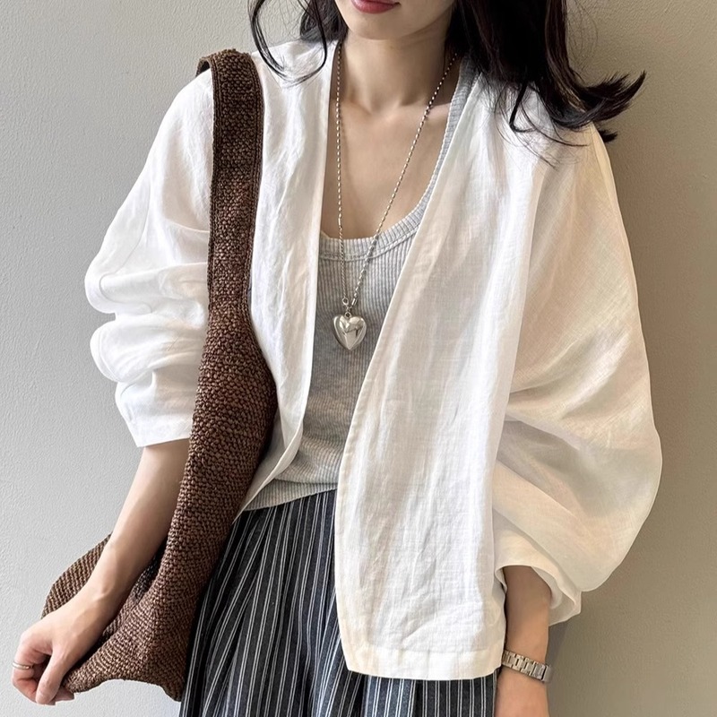 レトロ綿麻白いシャツコート女性夏文芸長袖カーディガン上着デザイン薄いゆるい日焼け止めシャツ|undefined