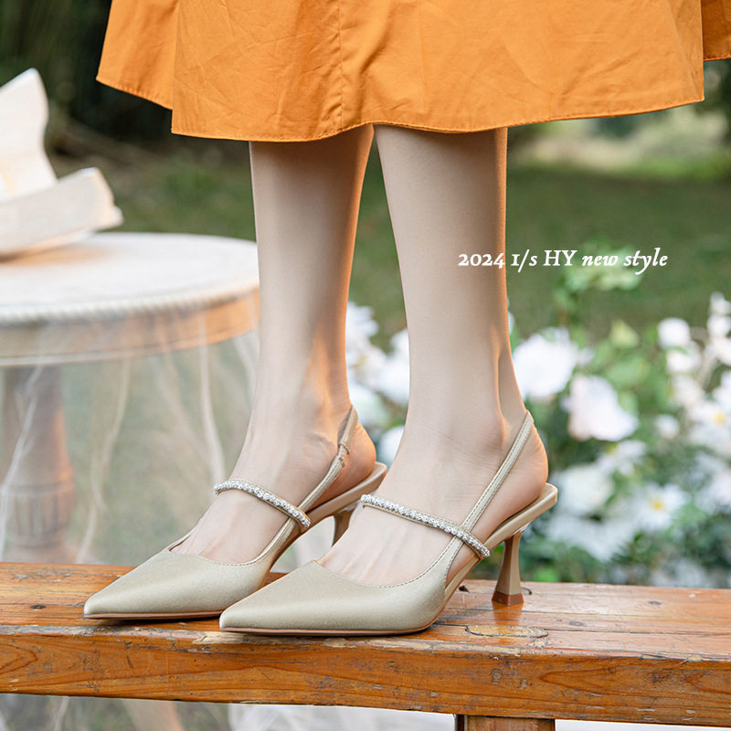 Giày sandal nữ bít mũi mũi nhọn gót mảnh quai ngang đính đá, gót 6–8 cm — Màu mơ, Màu vàng nhạt, Màu đen