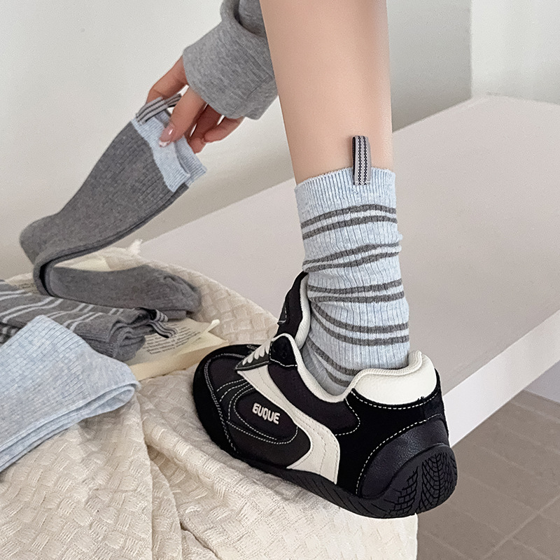 Striped Socks for Women Korean Style Ins Double Needle Gray Blue Mid-Calf Socks with Contrasting Color Design and Fabric Label on the Heel Slouch Socks