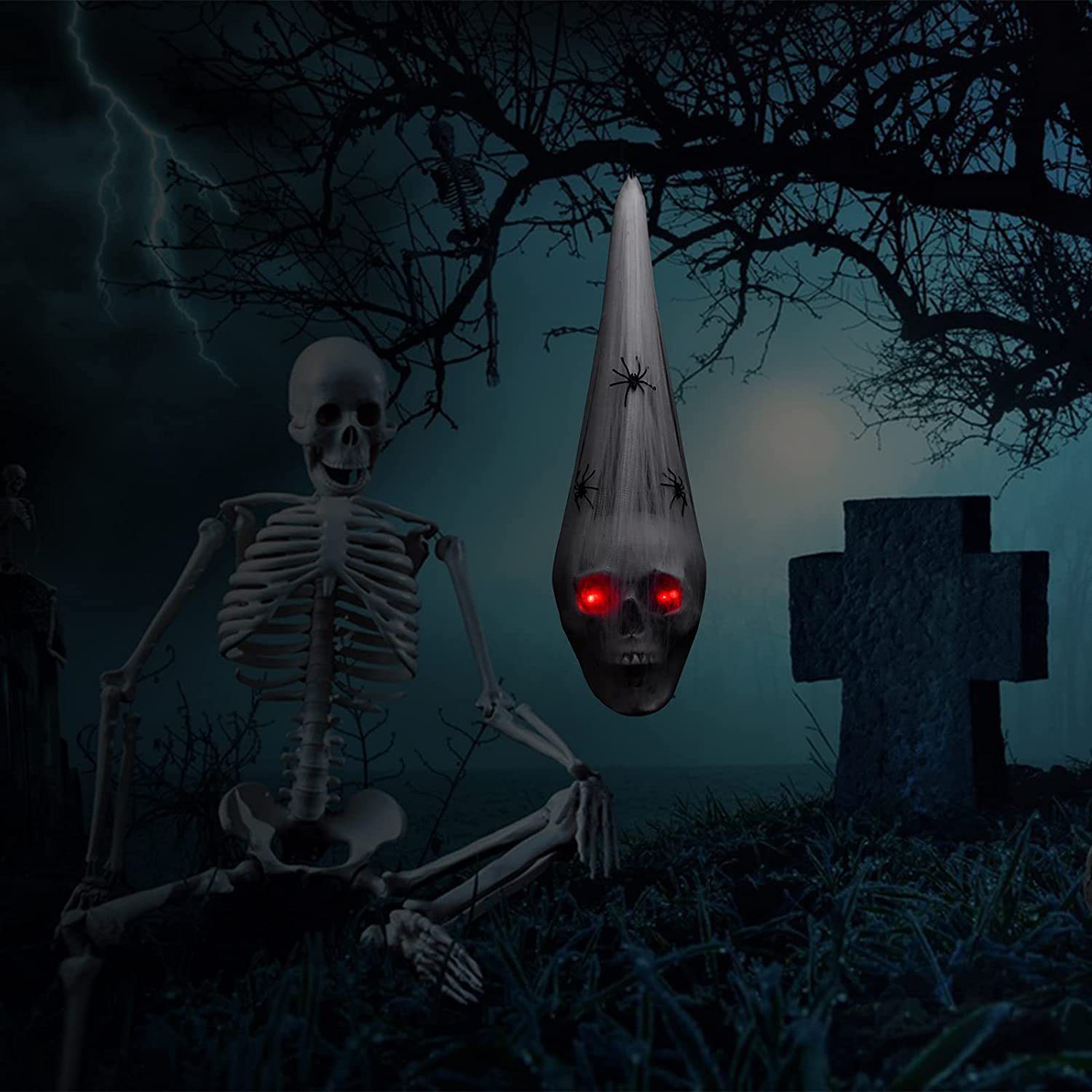 Halloween horrores luminosos acústicos cráneo araña algodón props casa embrujada decoración de patio cráneo araña