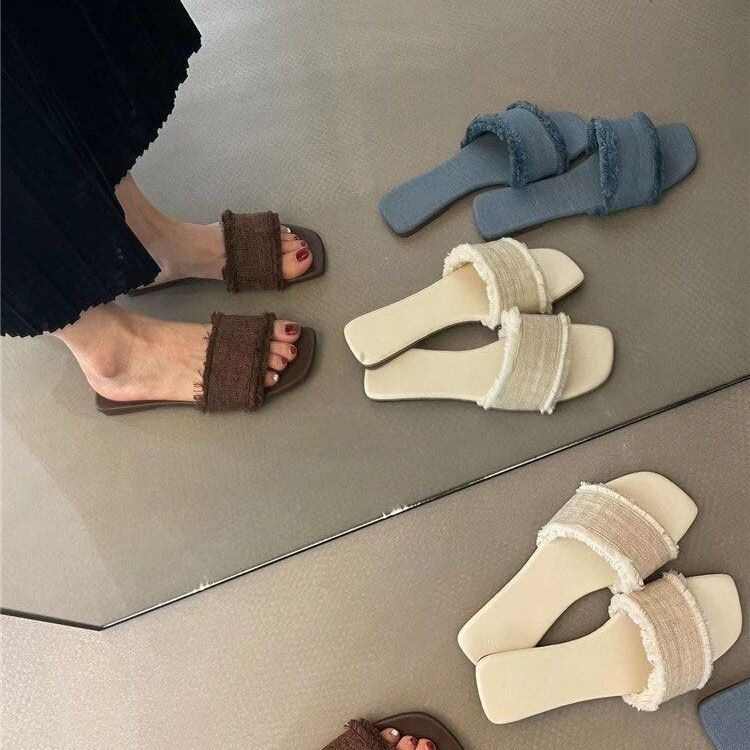 Korean-Style Retro Open-Toe Low-Heel Slip-On Fashion Flat Lazy Casual Slide Sandals 2026 Summer New Model