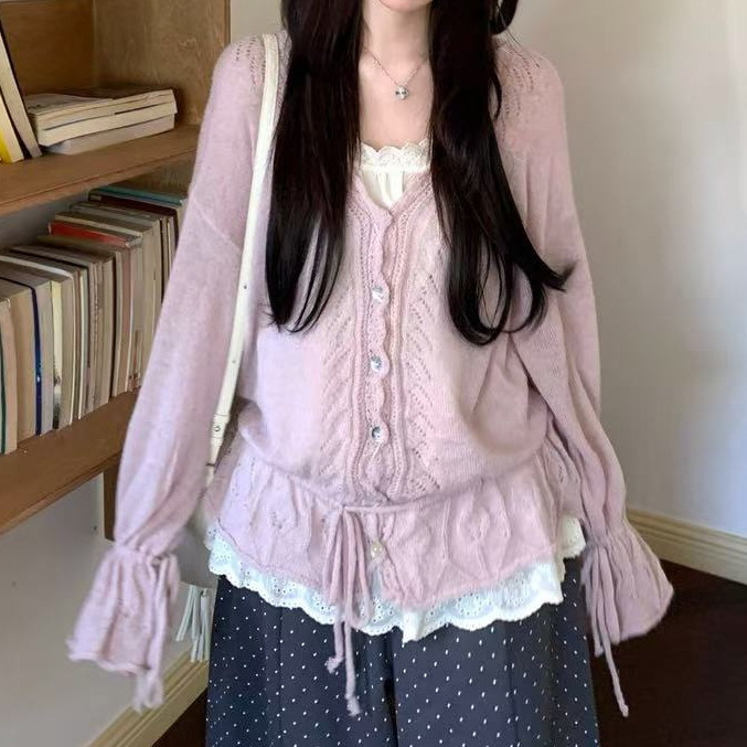 工厂直发慵懒软糯抽绳V领显瘦针织开衫+无袖蕾丝吊带背心其它|undefined
