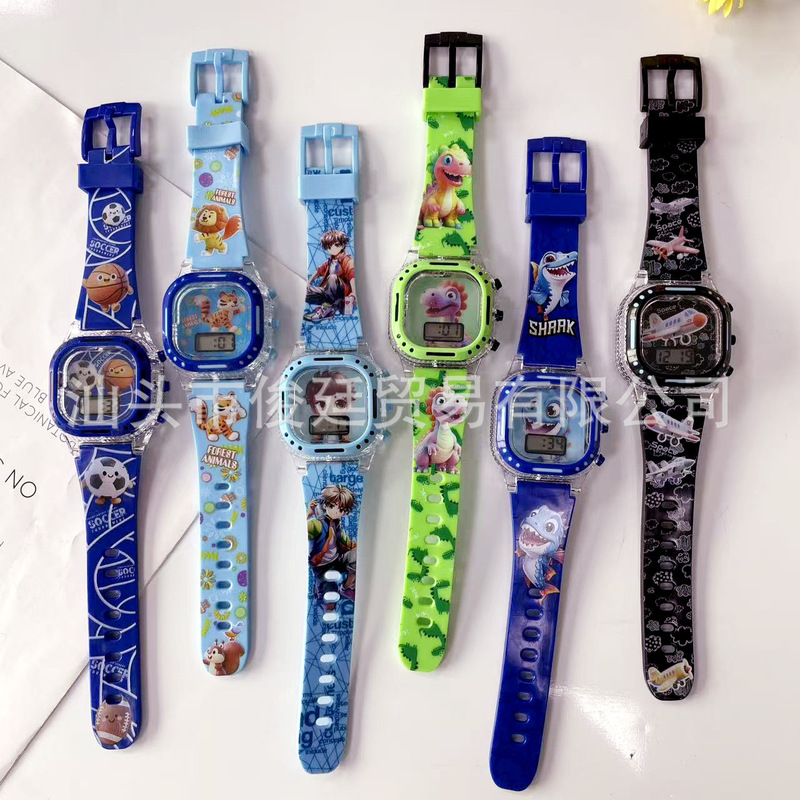 Children's electronic watch with lights and music, elementary school student watch, toy prize, luminous cartoon dinosaur and shark watch