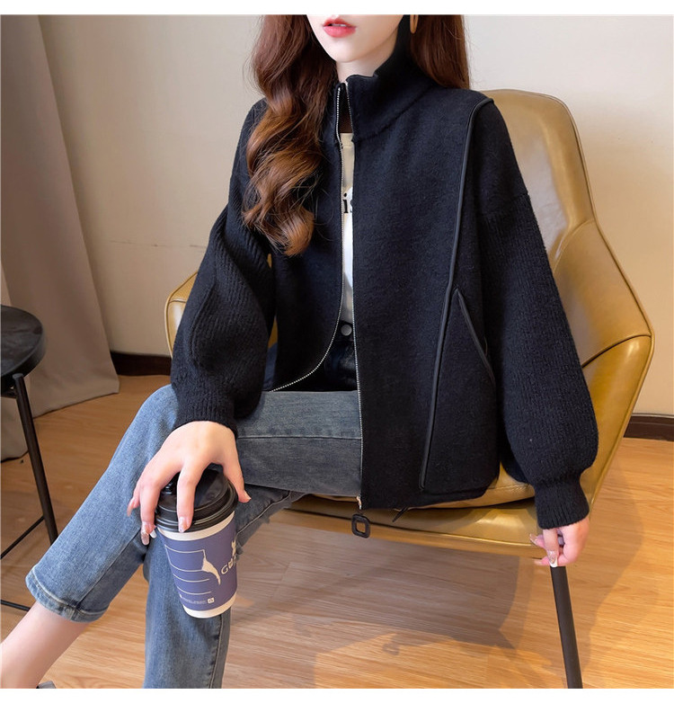 Faux double-sided woolen knitted jacket for women, 2023 autumn new style zipper baseball jacket, short, loose, thick and large cardigan pic 25