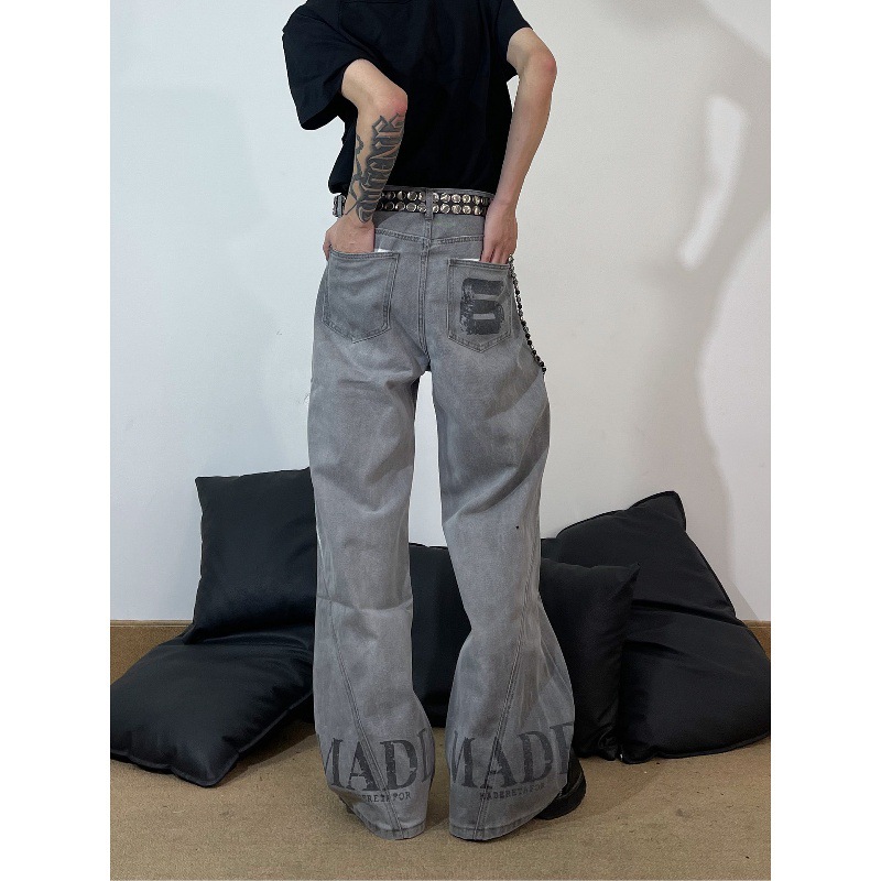 American High Street Style Washed Deconstructed Curved Blade Jeans For Men, Distressed And Vintage Style, With Vibe Letter Print_mkmklike.com