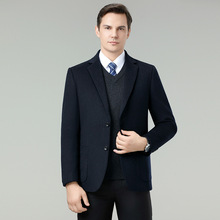 冬季羊毛呢西服男双面呢西装领羊绒大衣中年爸爸羽绒内胆男款西装