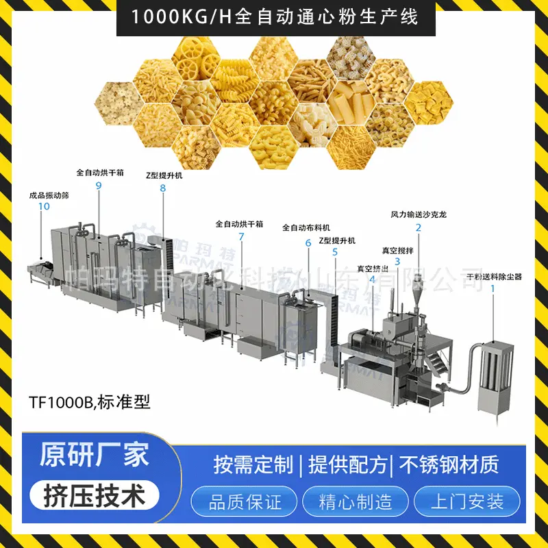 自动化意大利面通心粉螺杆挤压成型螺旋贝壳通心粉机器食品生产线