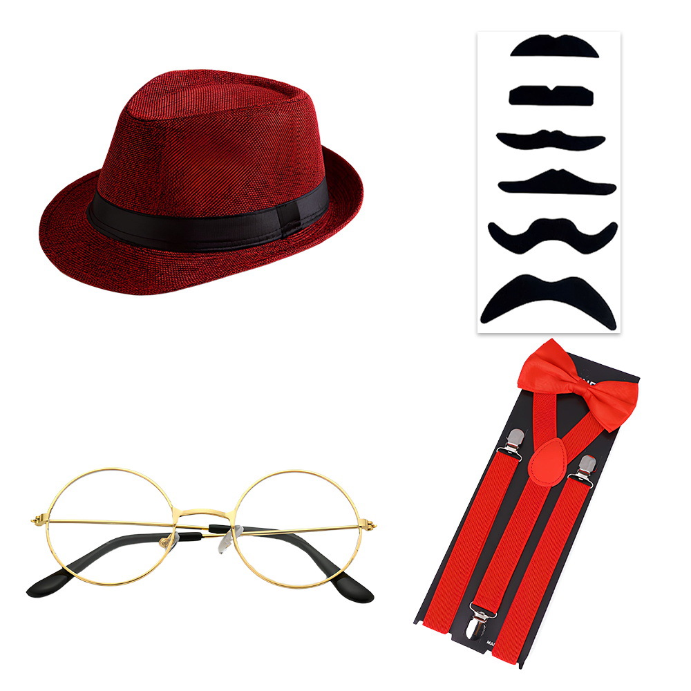 1920s Gatsby Party Dress Up Correa Reloj de bolsillo Barba falsa Traje Vestido de moda Sombrero de copa Corbata Años 20
