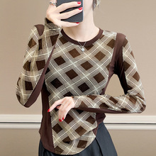 英伦学院风格子条纹长袖T恤复古拼接撞色修身大码上衣学生减龄女