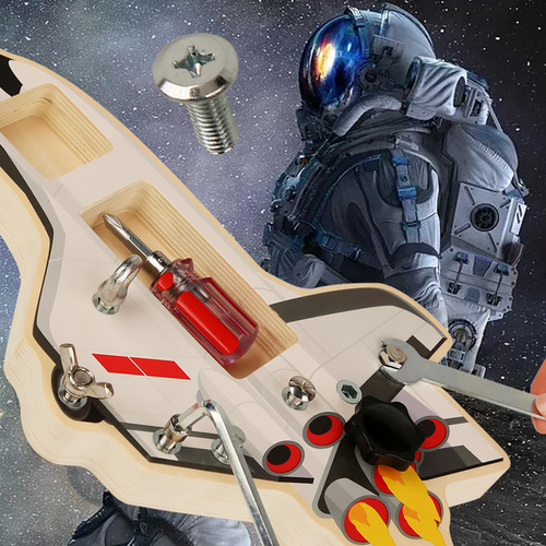 Wooden children's screw toy spaceship tool busy board combination early education disassembly and assembly nut matching hand-eye coordination